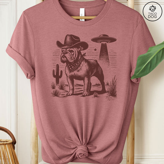 Bulldog Cowboy Ink Space UFO T-Shirt Heather Mauve Taco-Dog