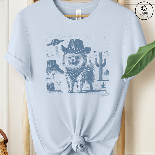 Pomeranian Pom Cowboy Ink Space UFO T-Shirt Light Blue Taco-Dog