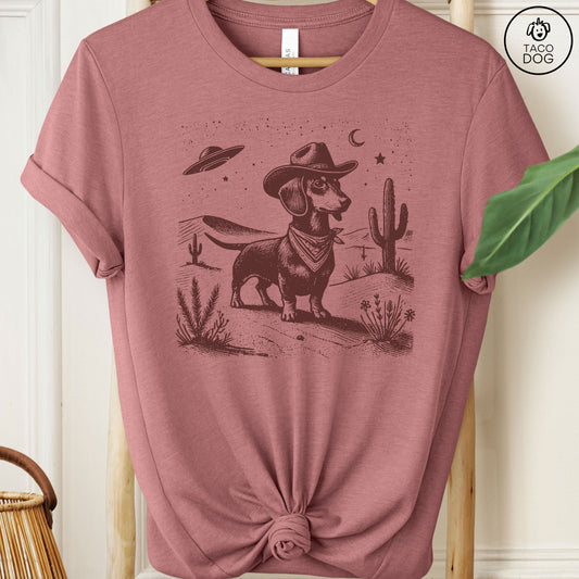 Dachshund Wiener Dog Ink Space Cowboy UFO T-Shirt Weenie Heather Mauve Taco-Dog