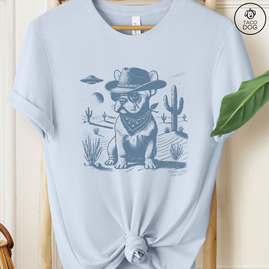 Frenchie French Bulldog Ink Space Cowboy UFO T-Shirt Light Blue Taco-Dog