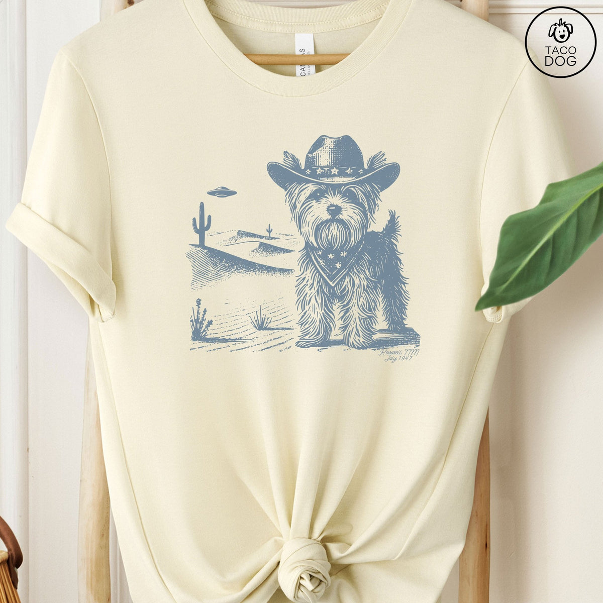 Yorkie Yorkshire Terrier Ink Space Cowboy UFO T-Shirt Natural Taco-Dog
