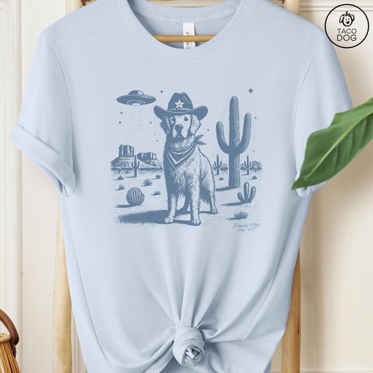 Golden Retriever Cowboy UFO Ink T-Shirt Light Blue Taco-Dog