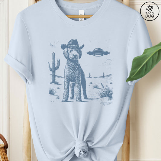 Goldendoodle Doodle Ink Cowboy UFO T-Shirt Light Blue Taco-Dog