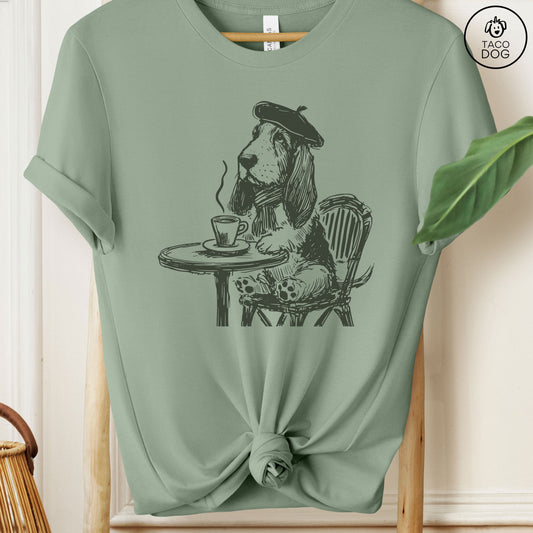 Basset Hound France Paris Cafe Coffee T-Shirt Sage Taco-Dog