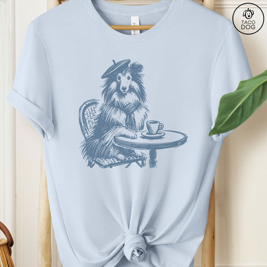 Sheltie Paris France Coffee T-Shirt Light Blue Taco-Dog