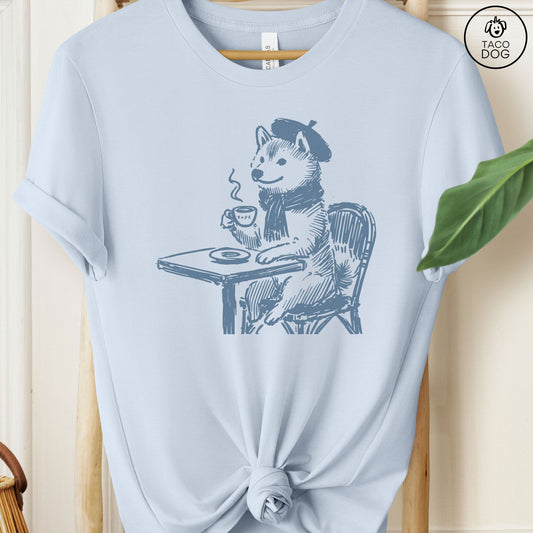 Shiba Inu France Paris Coffee Cafe T-Shirt Light Blue Taco-Dog