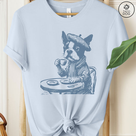 Boston Terrier France Paris Coffee T-Shirt Light Blue Taco-Dog