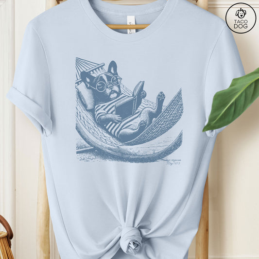 Frenchie French Bulldog Hammock Reading T-Shirt Light Blue Taco-Dog