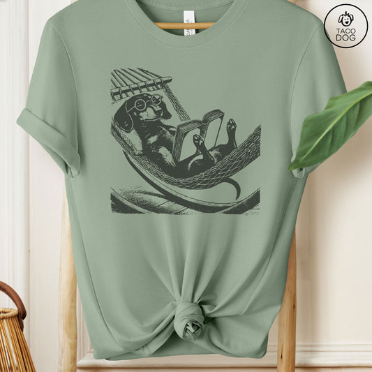 Dachshund Wiener Dog Hammock Reading T-Shirt Sage Taco-Dog