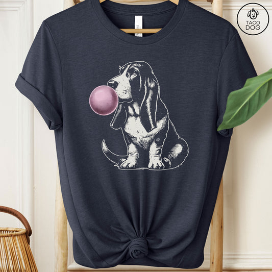 Basset Hound Bubblegum Bubble Gum T-Shirt Heather Navy Taco-Dog