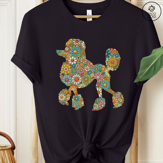 Poodle Silhouette Flowers Floral T-Shirt Black Taco-Dog