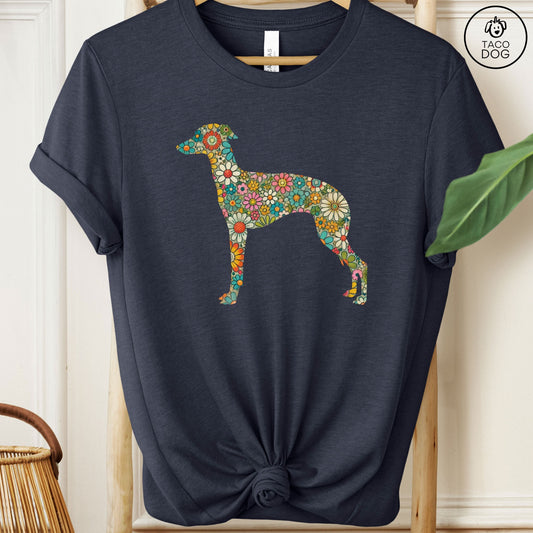 Greyhound, Whippet, Italian Greyhound, Iggy Silhouette Flowers Floral T-Shirt Heather Midnight Navy Taco-Dog