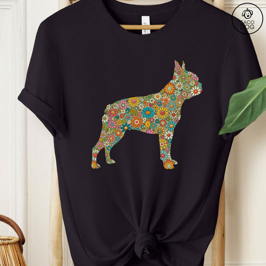 Boston Terrier Silhouette Floral T-Shirt Black Taco-Dog