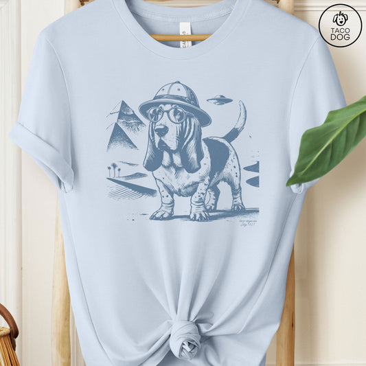 Basset Hound Pyramid Egypt T-Shirt Light Blue Taco-Dog