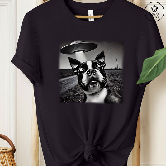 Boston Terrier UFO Selfie T-Shirt Black Taco-Dog