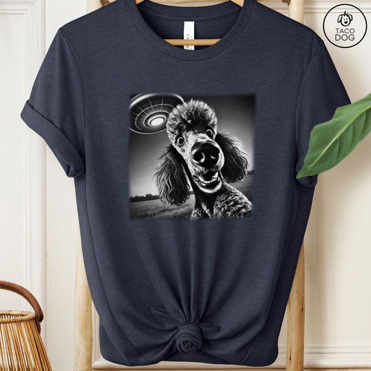 Poodle UFO Selfie T-Shirt Heather Navy Taco-Dog