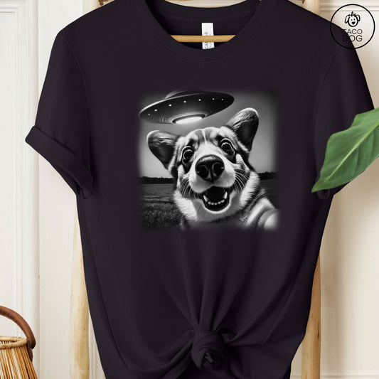 Corgi UFO Selfie T-Shirt Black Taco-Dog