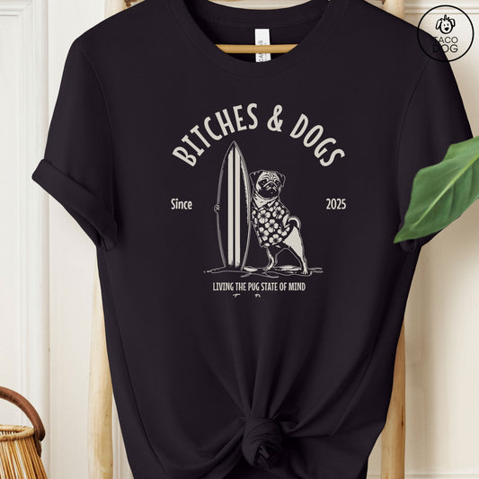 Bitches & Dogs Pug Surf T-Shirt Black Taco-Dog