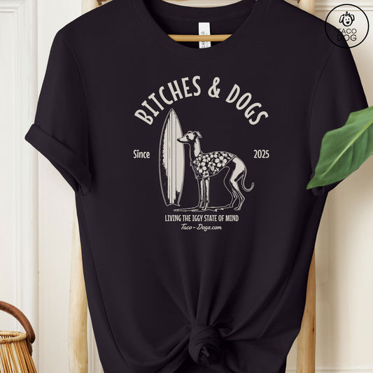 Bitches & Dogs Whippet Iggy Italian Greyhound Surf T-Shirt Black Taco-Dog