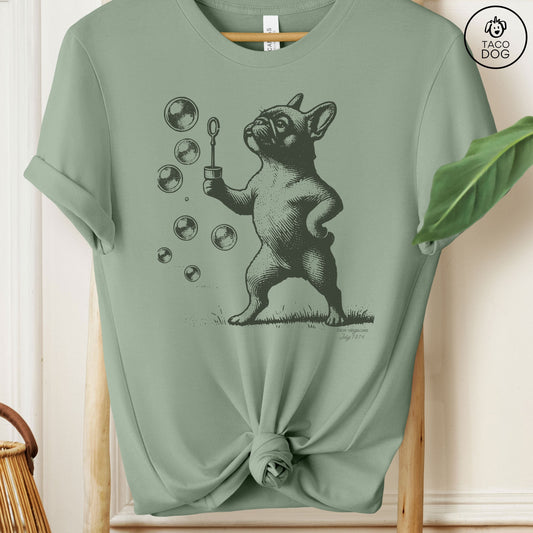 French Bulldog Frenchie Bubbles Blowing Bubbles T-Shirt Sage Taco-Dog