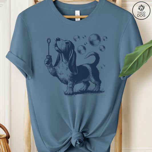 Basset Hound Ink Drawing Bubbles T-Shirt Steel Blue Taco-Dog