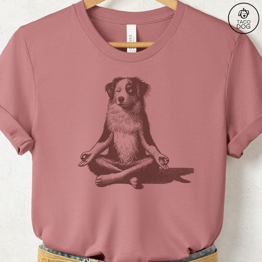 Australian Shepherd Aussie Meditate Yoga T-Shirt Heather Mauve Taco-Dog