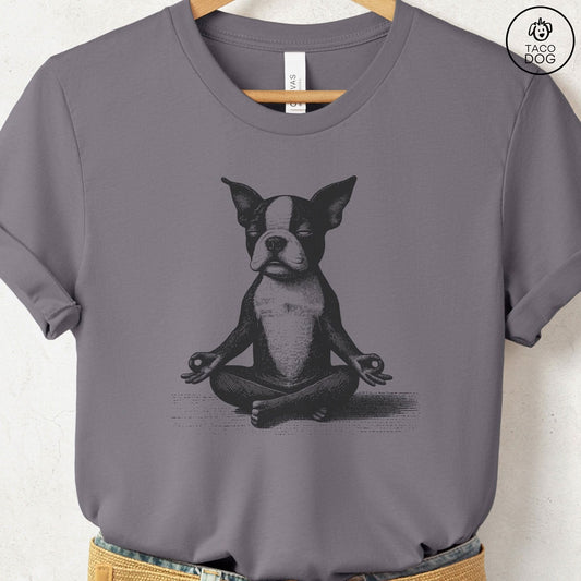 Boston Terrier Meditate Yoga T-Shirt Storm Taco-Dog