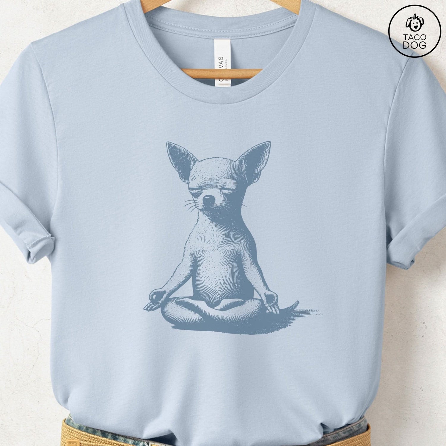Chihuahua Meditate Yoga T-Shirt Light Blue Taco-Dog