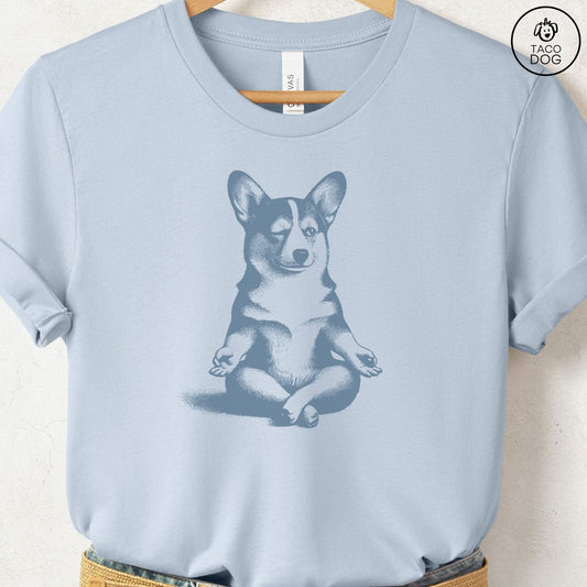 Corgi Meditate Yoga T-Shirt Light Blue Taco-Dog