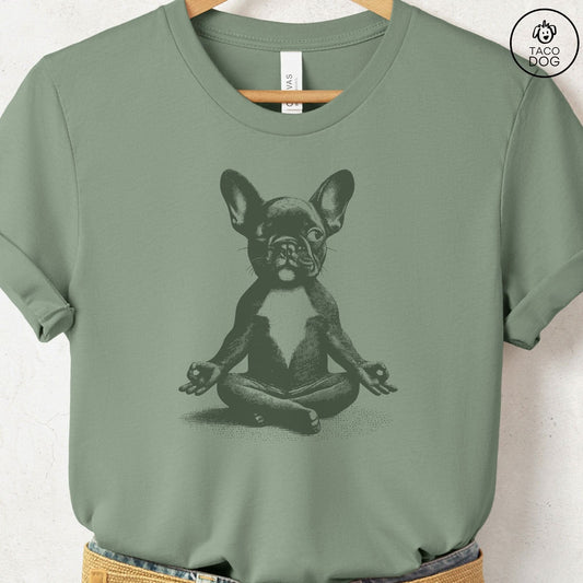 Frenchie French Bulldog Meditate Yoga T-Shirt Sage Taco-Dog