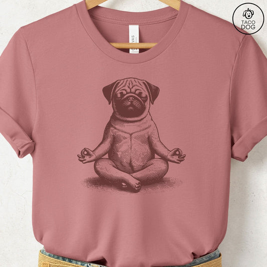 Pug Meditate Yoga T-Shirt Heather Mauve Taco-Dog