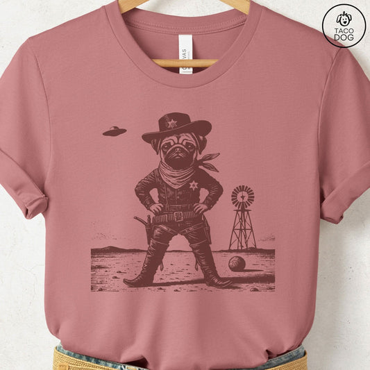 Pug Sheriff T-Shirt Heather Mauve Taco-Dog