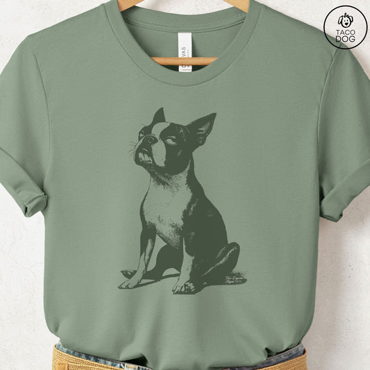 Boston Terrier Eye Rolling Disapproving Dog T-Shirt Sage Taco-Dog