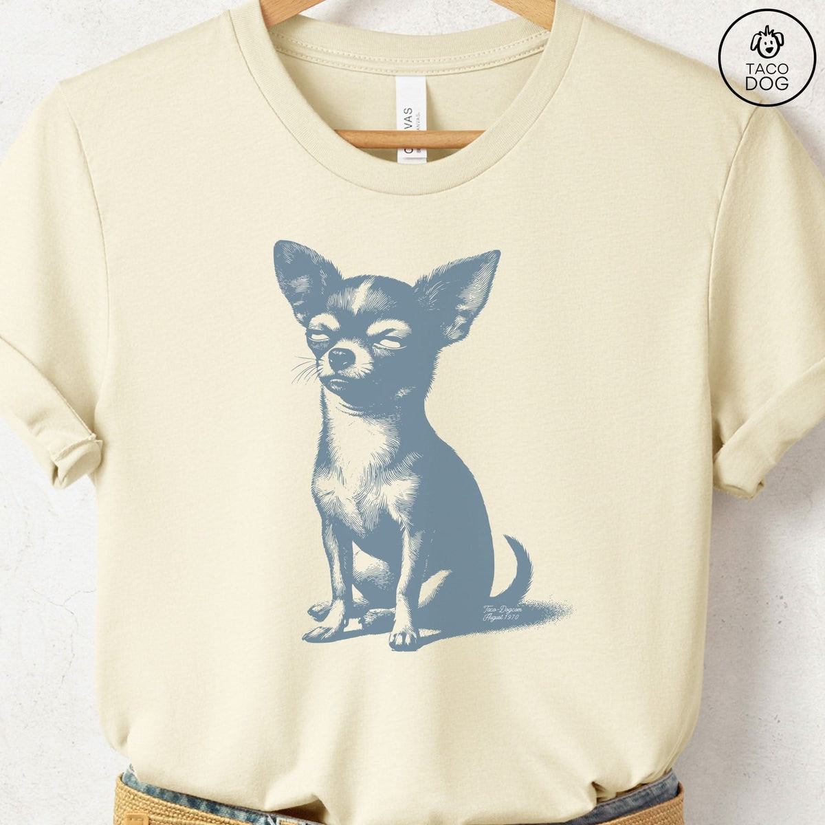 Chihuahua Eye Rolling Disapproving Dog T-Shirt, design close-up