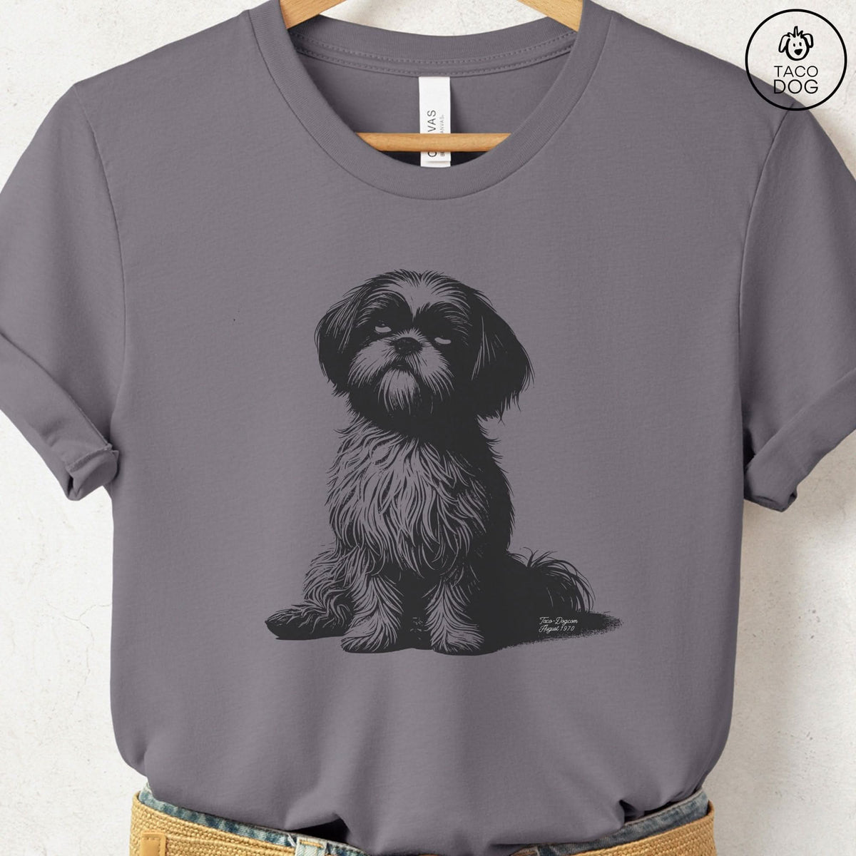 Shih Tzu Eye Rolling Disapproving Dog T-Shirt, design close-up