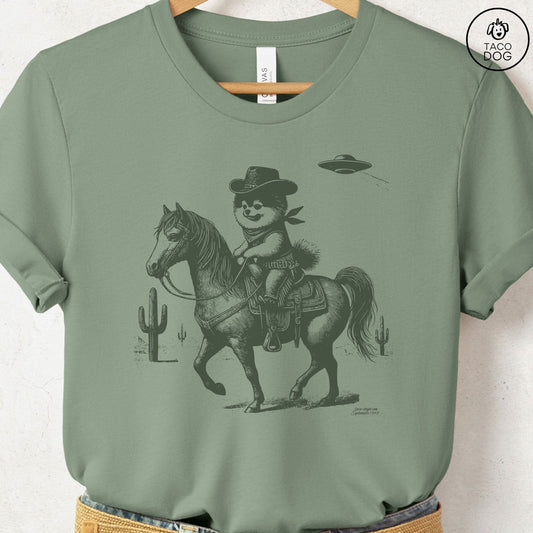 Pomeranian Horseback Cowboy T-Shirt Sage Taco-Dog