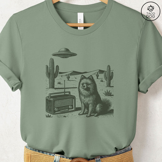Pomeranian Vintage Radio T-Shirt Sage Taco-Dog