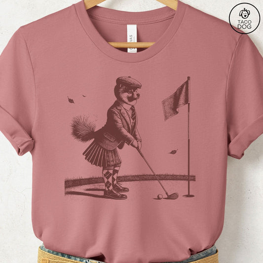 Pomeranian Golf T-Shirt Heather Mauve Taco-Dog