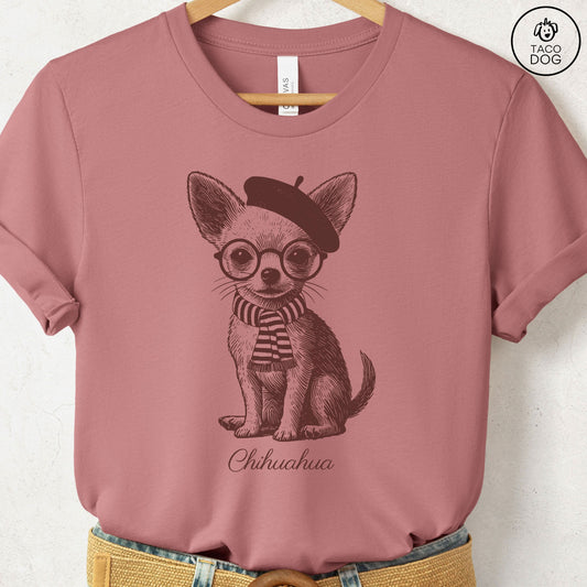 Chihuahua Beret France T-Shirt Heather Mauve Taco-Dog