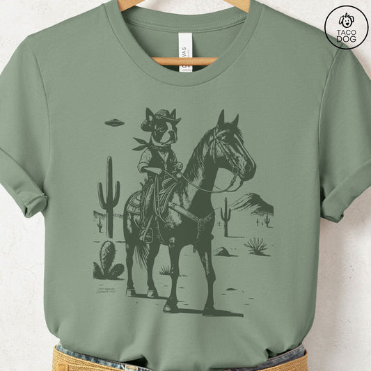 Boston Terrier Horseback T-Shirt Sage Taco-Dog