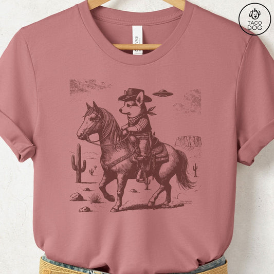Corgi Horseback T-Shirt Heather Mauve Taco-Dog