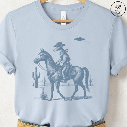 Italian Greyhound Whippet Horseback T-Shirt Light Blue Taco-Dog