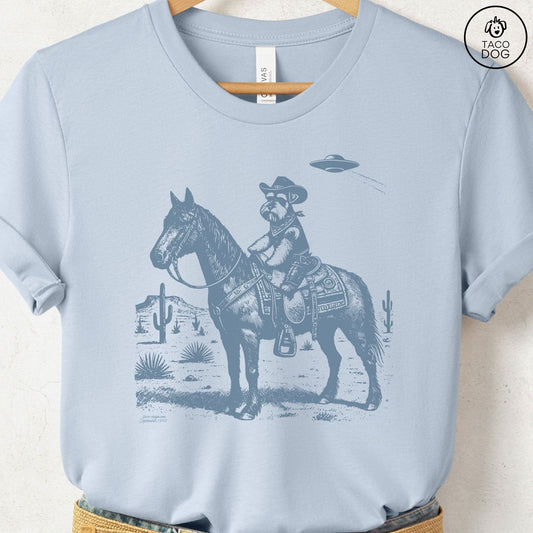 Schnauzer Horseback T-Shirt Light Blue Taco-Dog
