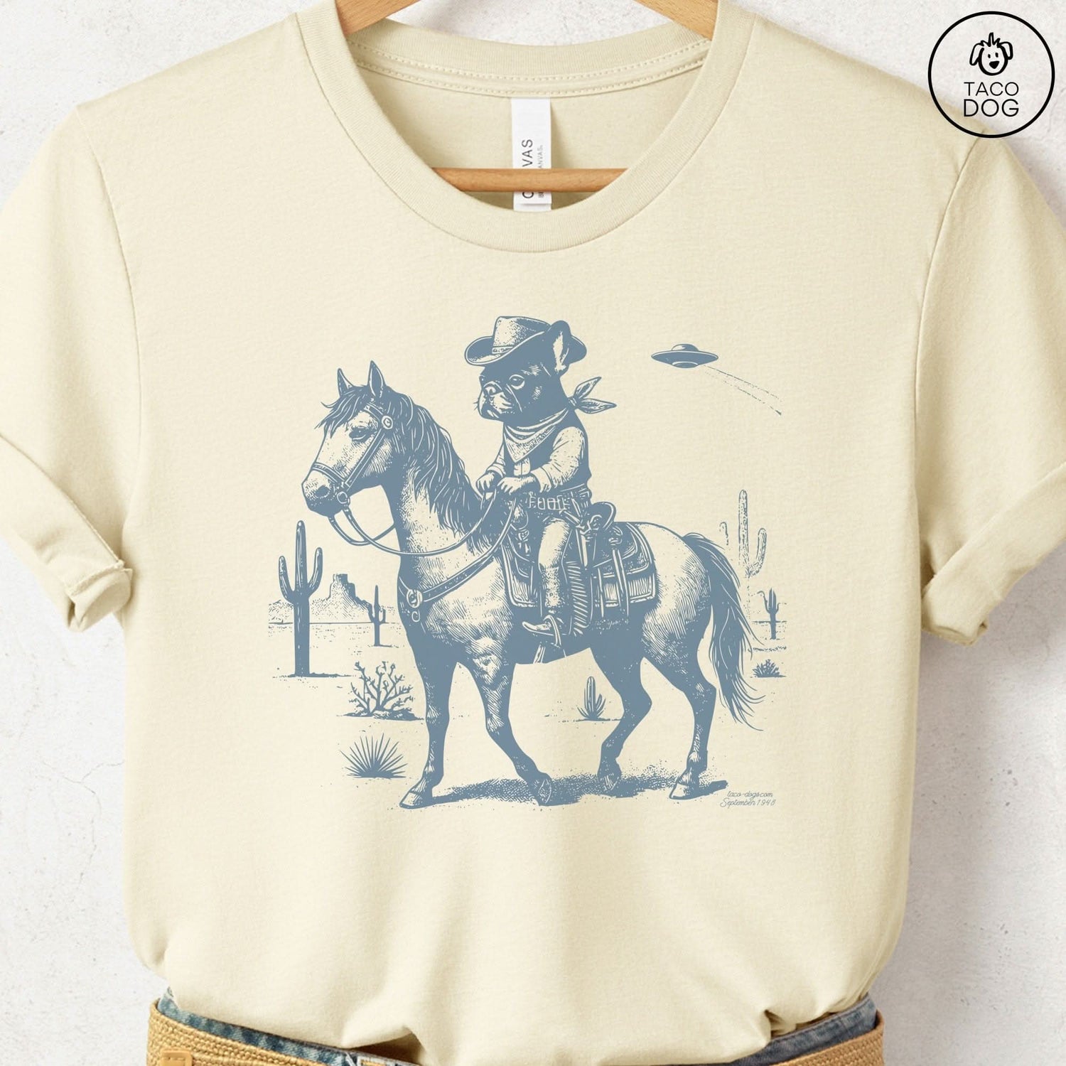 Frenchie French Bulldog Horseback T-Shirt Natural Taco-Dog