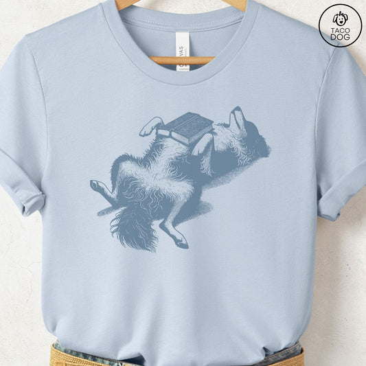 Australian Shepherd Aussie Book Nap T-Shirt Light Blue Taco-Dog