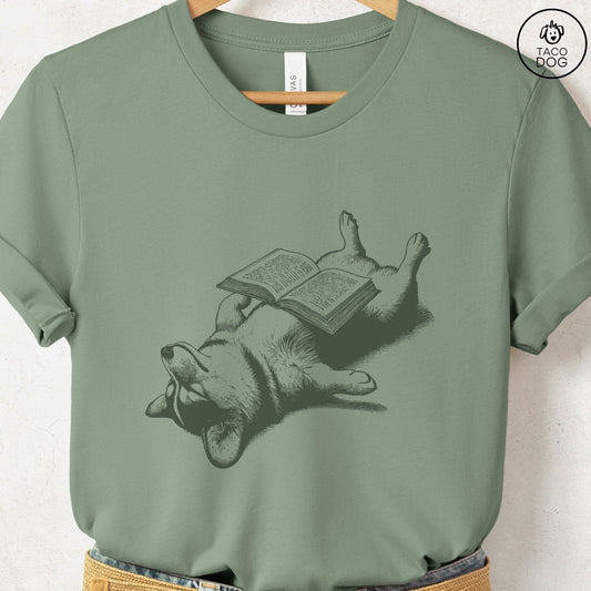 Corgi Book Nap T-Shirt Sage Taco-Dog