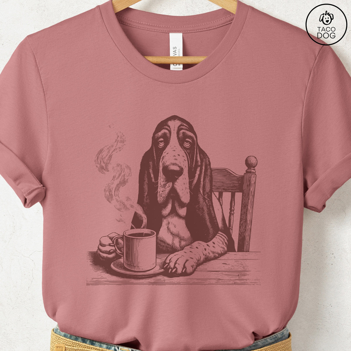 Basset Hound Coffee Morning Mood T-Shirt, design close-up