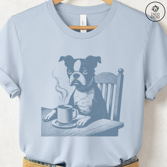 Boston Terrier Coffee Morning Mood T-Shirt Light Blue Taco-Dog