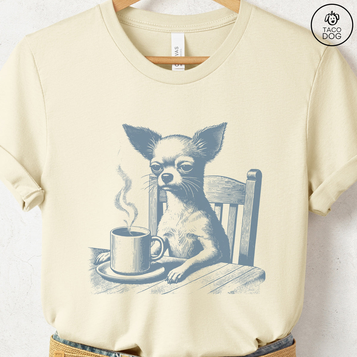 Chihuahua Coffee Morning Mood T-Shirt, design close-up
