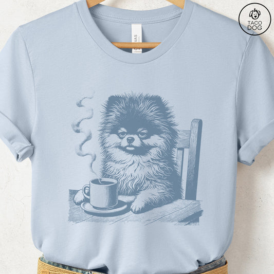Pomeranian Coffee Morning Mood T-Shirt Light Blue Taco-Dog